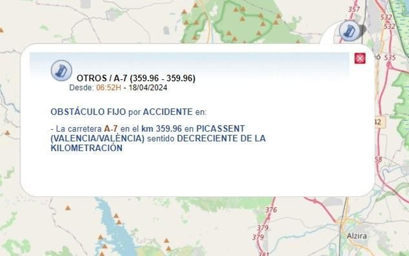 La DGT informa de l'accident en el quilòmetre 359,96 de la carretera A-7 a Picassent