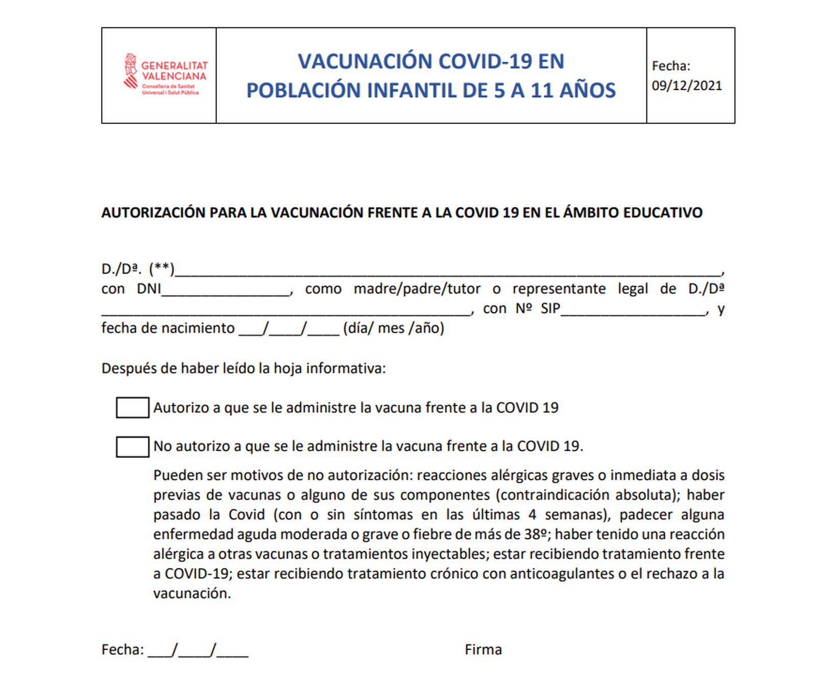 Així és l'autorització que hauran de signar les famílies de l'alumnat