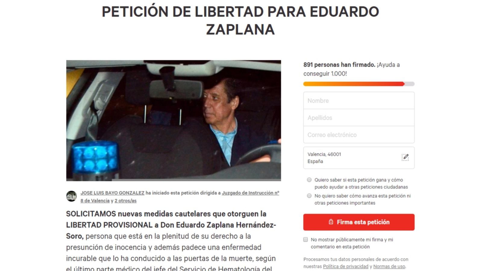 Captura de la campanya llançada a través de Change.org