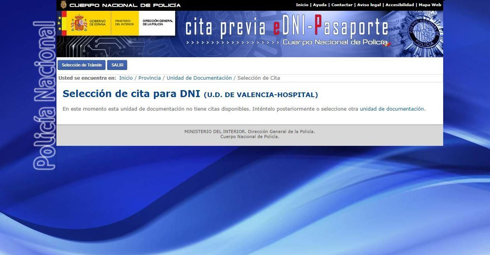 Missatge que apareix en demanar cita a la comissaria del carrer de l'Hospital de València