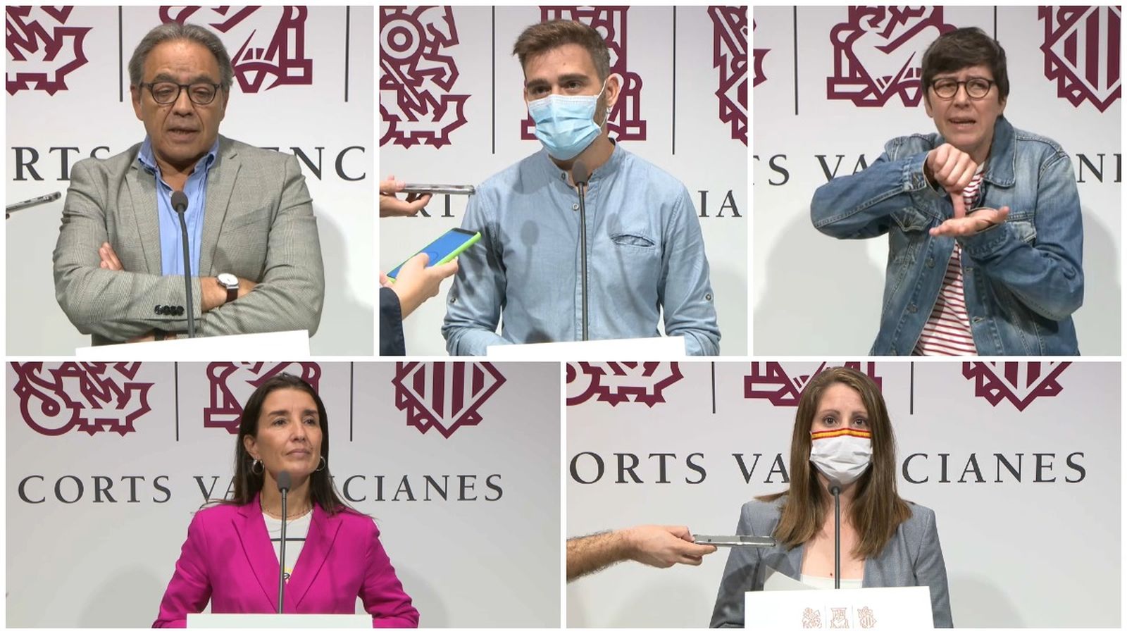 D'esquerra a dreta i de dalt a baix: Mata (PSOE), Ferri (Compromís), Lima (UP), Merino (Cs) i Vega (Vox)