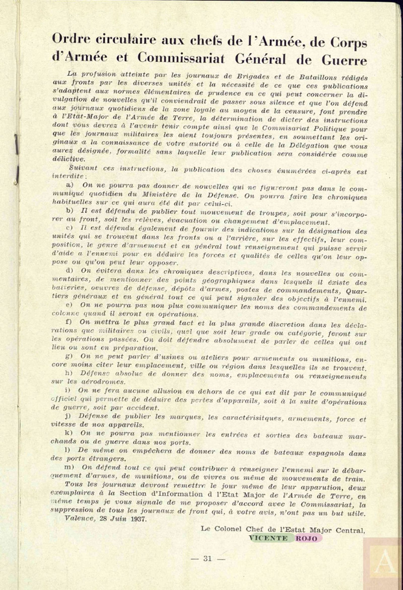 Primer número del butlletí de les Brigades Internacionals, de 15 de juliol de 1937, on es publica la circular de Vicente Rojo escrita a València, el 28 de juny de 1937