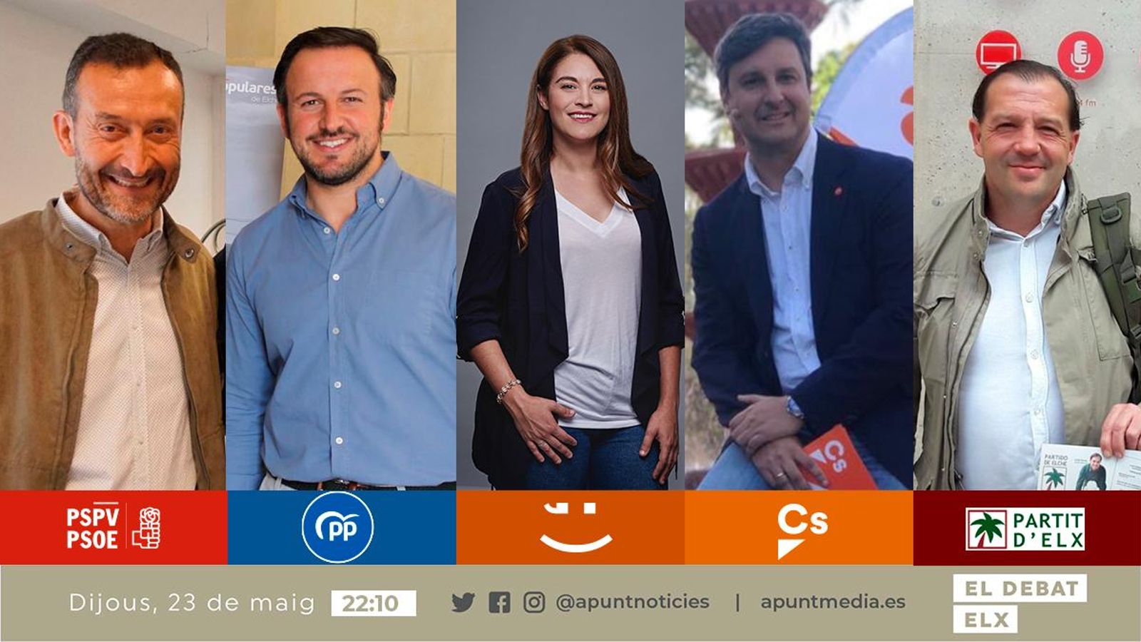 Carlos González (PSOE), Pablo Ruz (PP), Mireia Mollà (Compromís), Eduardo García-Ontiveros (Cs) i Jesús Pareja (Partit d’Elx).