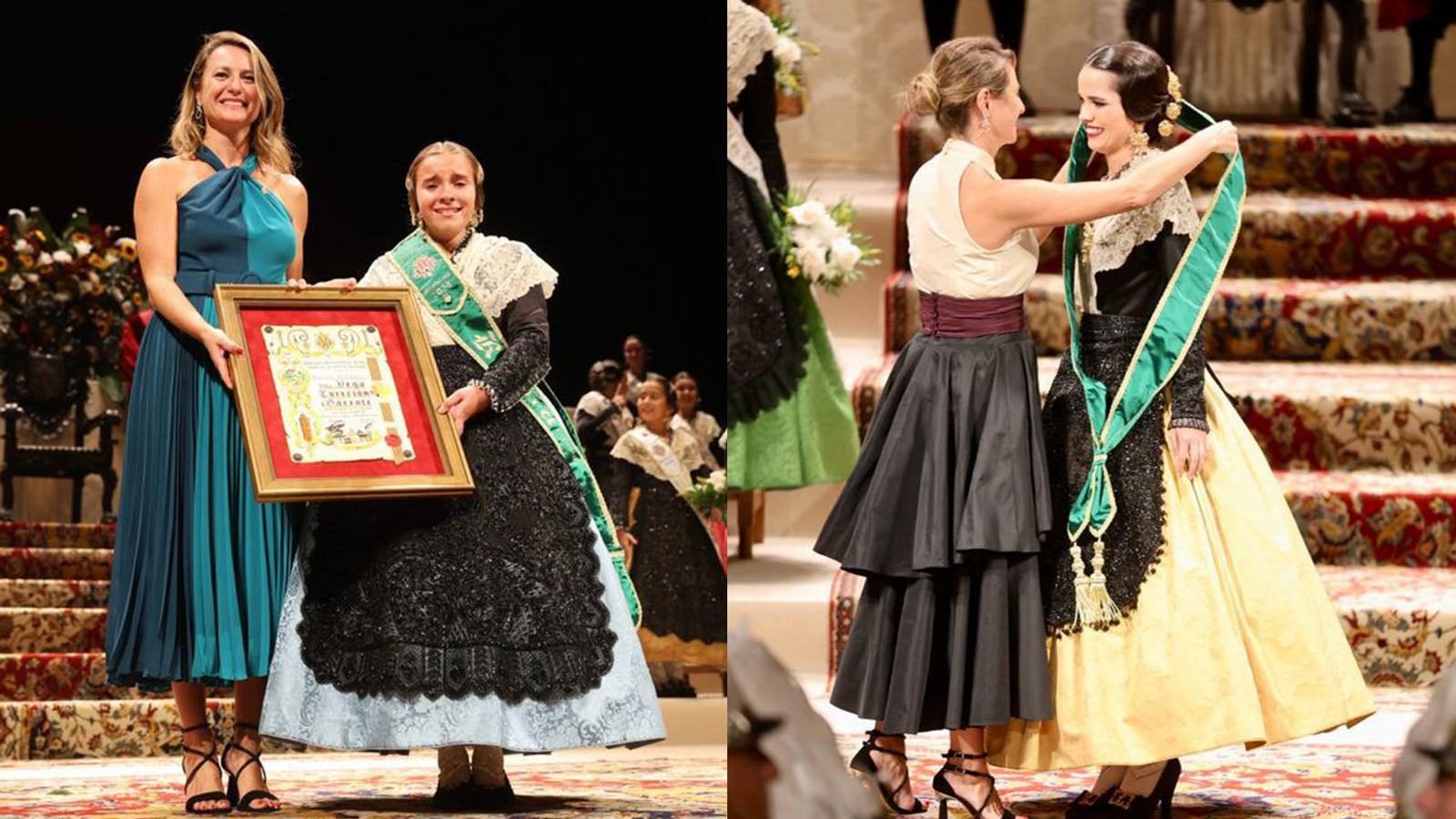 Moment d'imposició de les bandes a les dues Reines de les Festes de Castelló