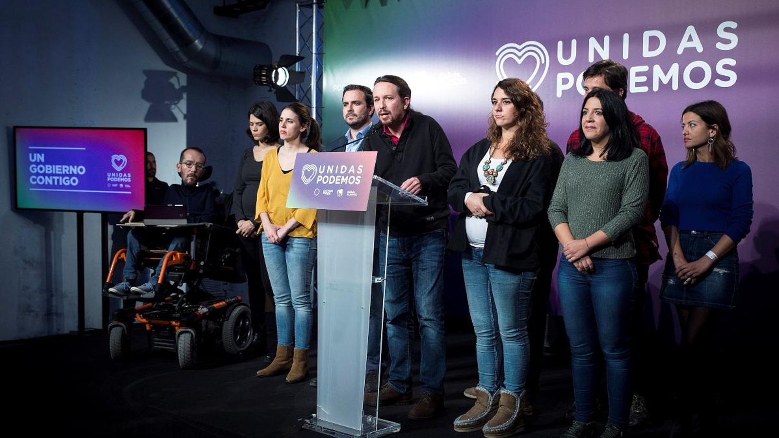 El líder d'Unides Podem, Pablo Iglesias, compareixent davant els mitjans de comunicació per analitzar els resultats electorals del 10N