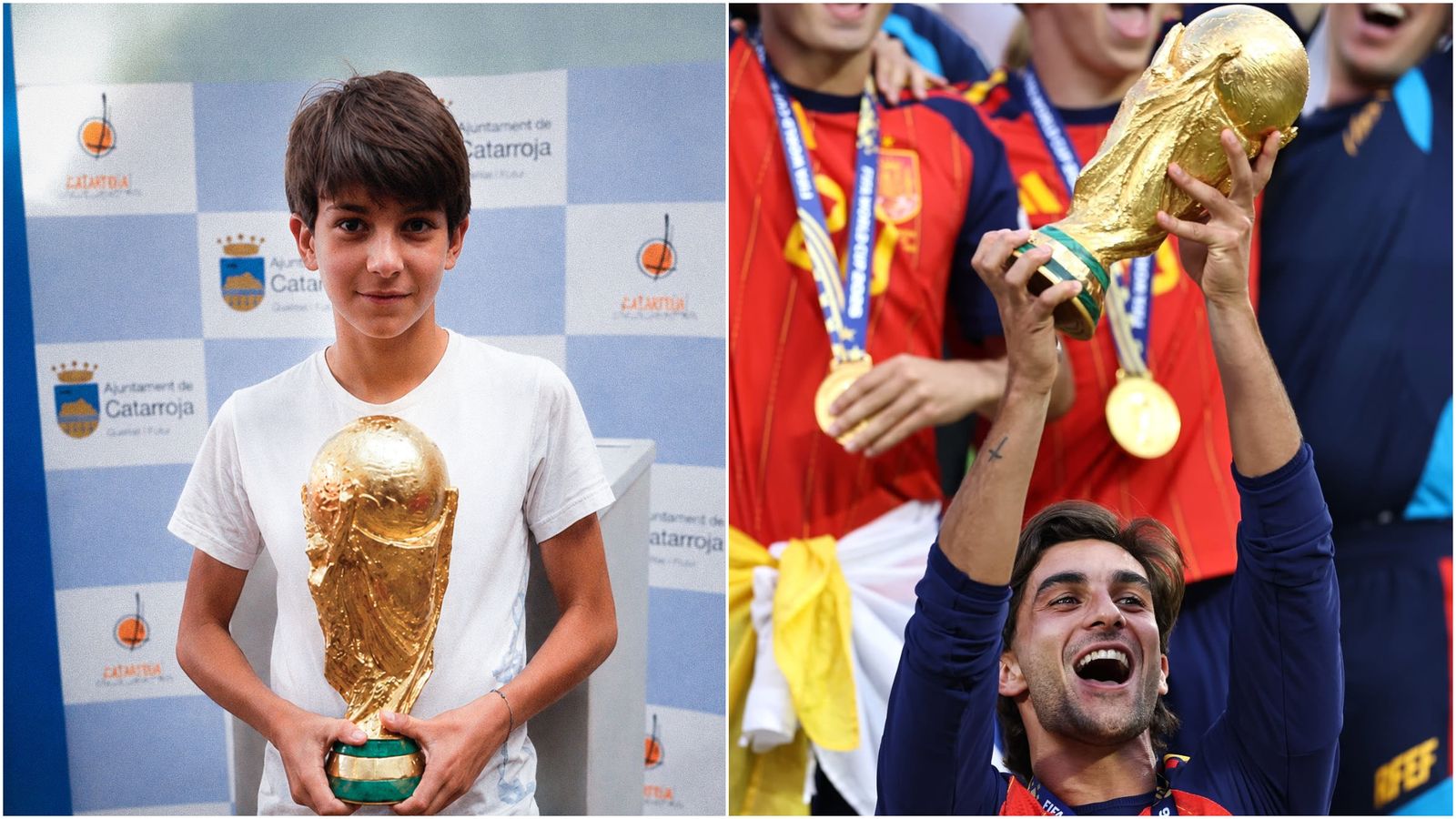 Ferran Torres, fa zetze anys amb la rèplica del Mundial, i ara alçant el trofeu de campió