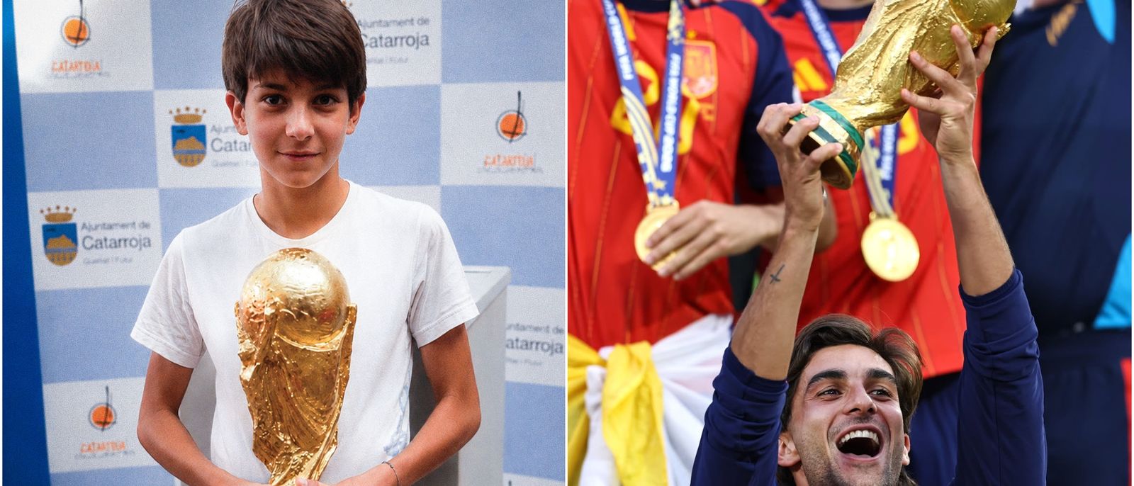 Ferran Torres, fa zetze anys amb la rèplica del Mundial, i ara alçant el trofeu de campió