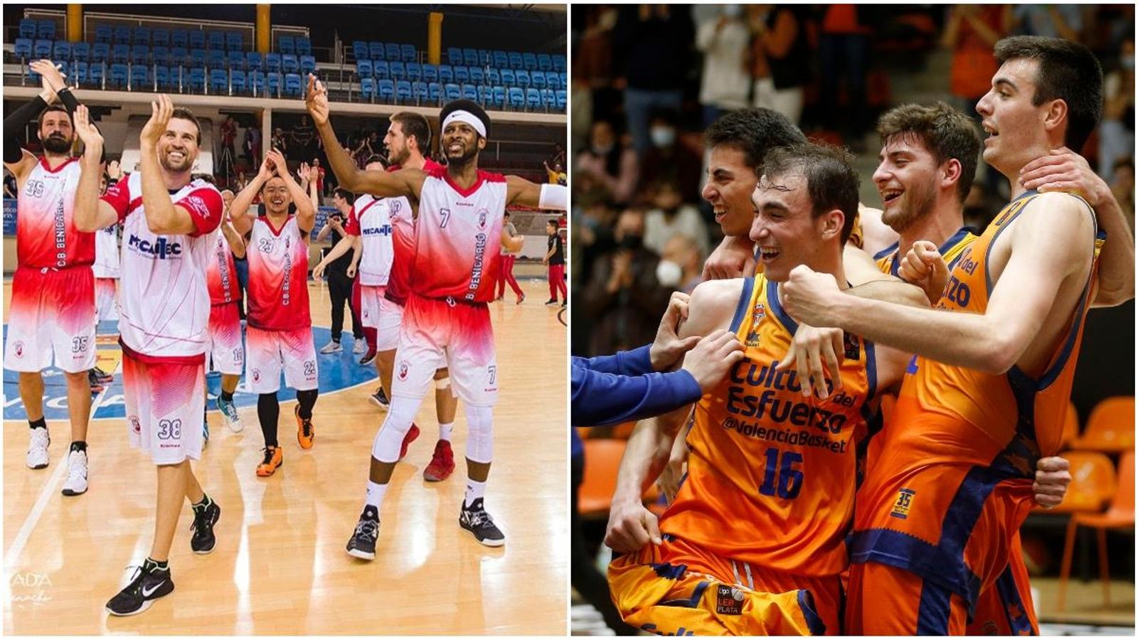 Els jugadors del Benicarló (esquerra) i del filal del València Basket (dreta)