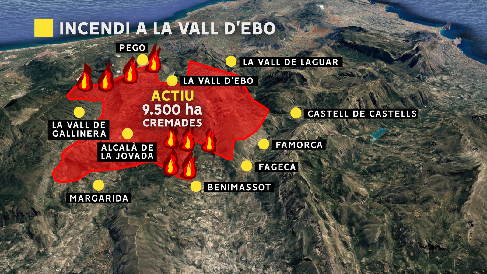 El mapa de l'incendi a la Vall d'Ebo, aquest dimarts