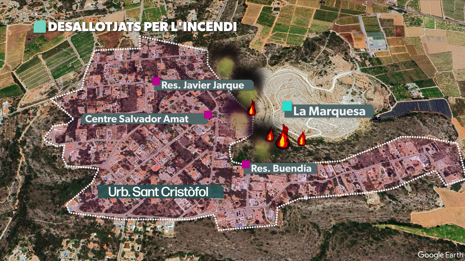Ubicació de l'incendi d'Alberic i els nuclis de població desallotjats