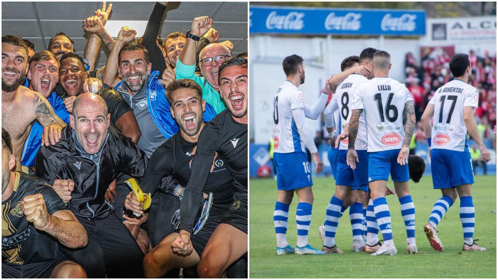 Els jugadors de l'Intercity i l'Alcoià celebren la permanència Els jugadors de l'Intercity i l'Alcoià celebren la permanència