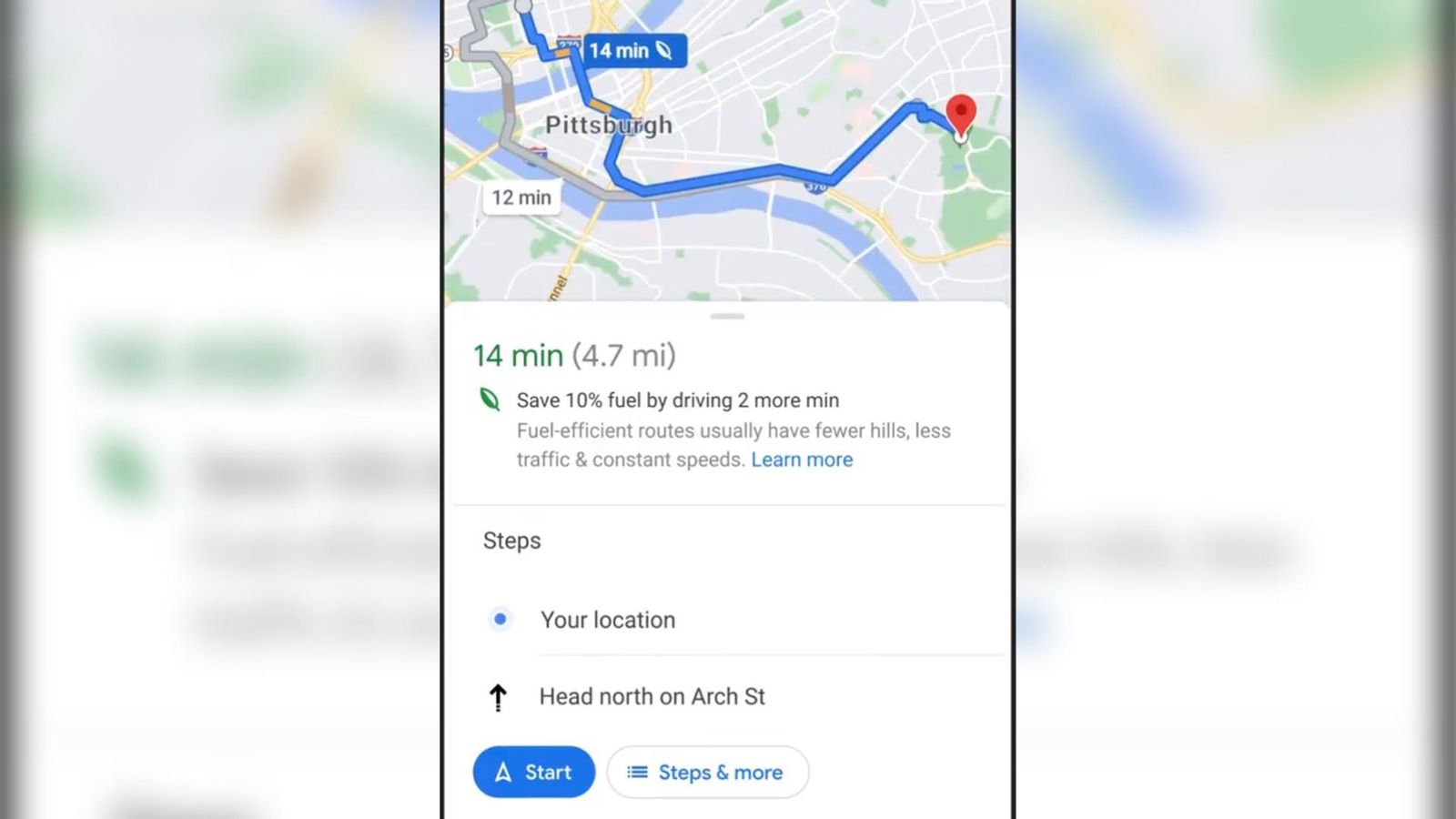 Imatge d'una cerca en la que Google Maps recomana la ruta amb menys consum per davant de la més ràpida