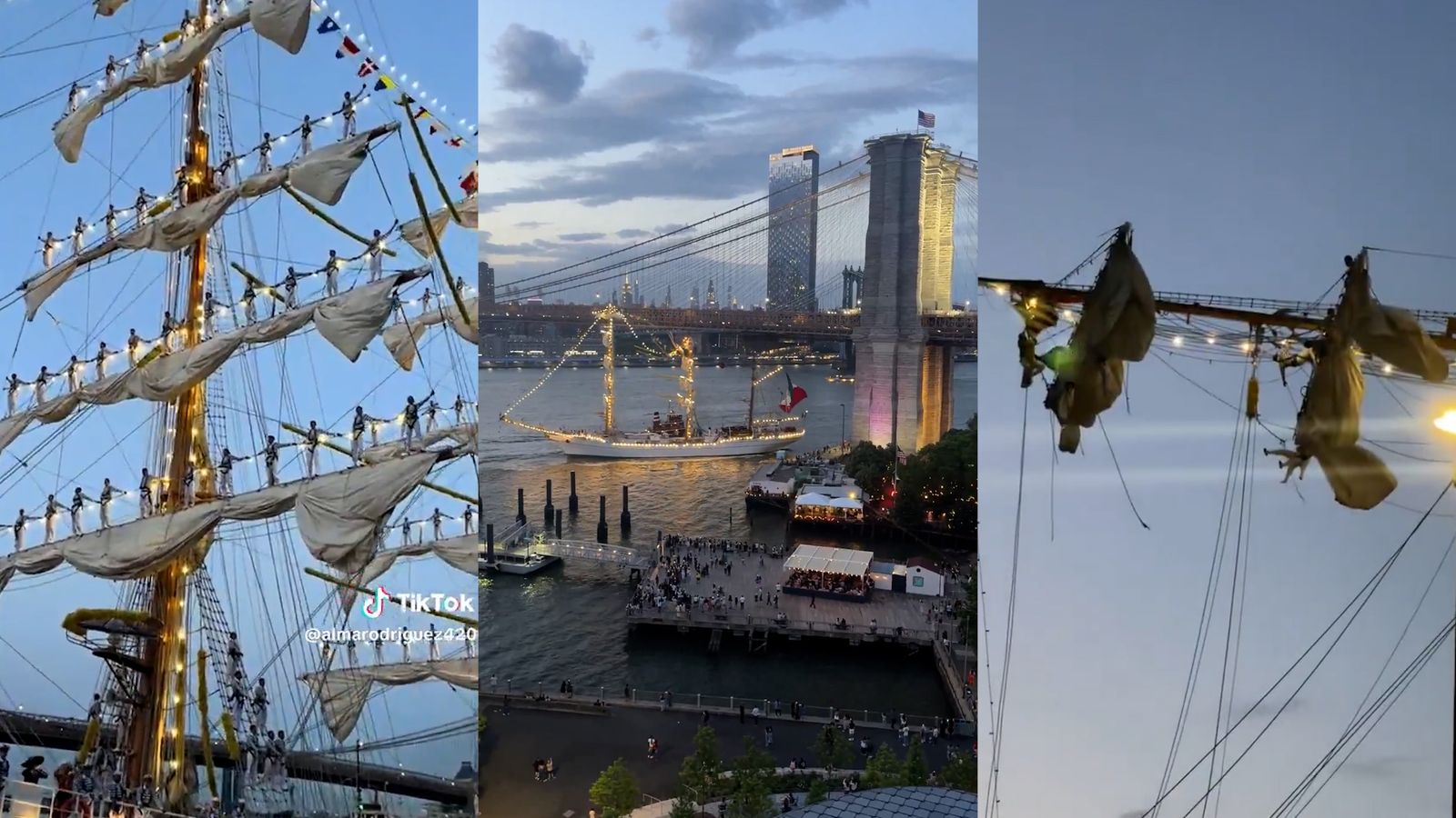 Seqüència d'imatges de l'accident del vaixell de l'armada mexicana en el pont de Brooklyn