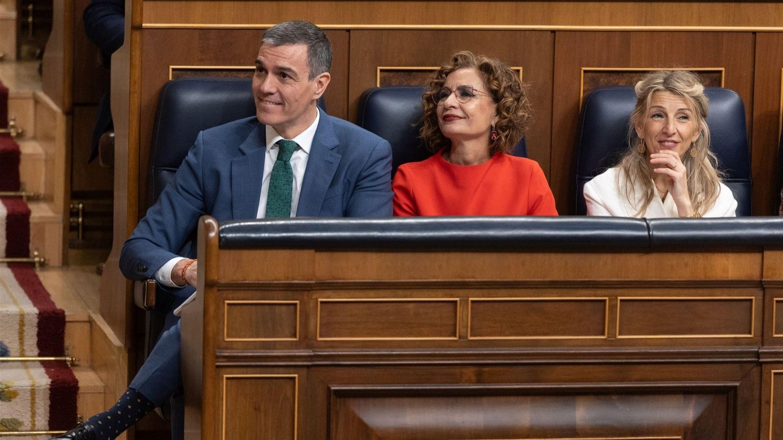 El president del govern espanyol, Pedro Sánchez, i les vicepresidentes María Jesús Montero i Yolanda Díaz al Congrés
