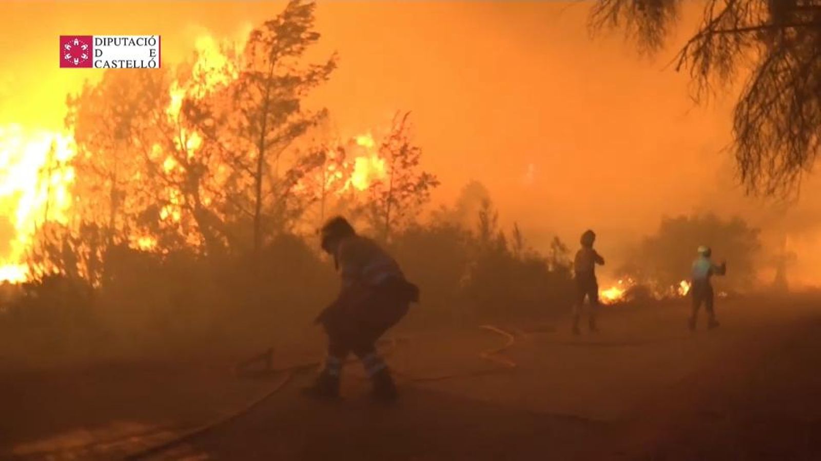 Bombers treballen en les tasques d'extinció de l'incendi forestal d'Assuévar