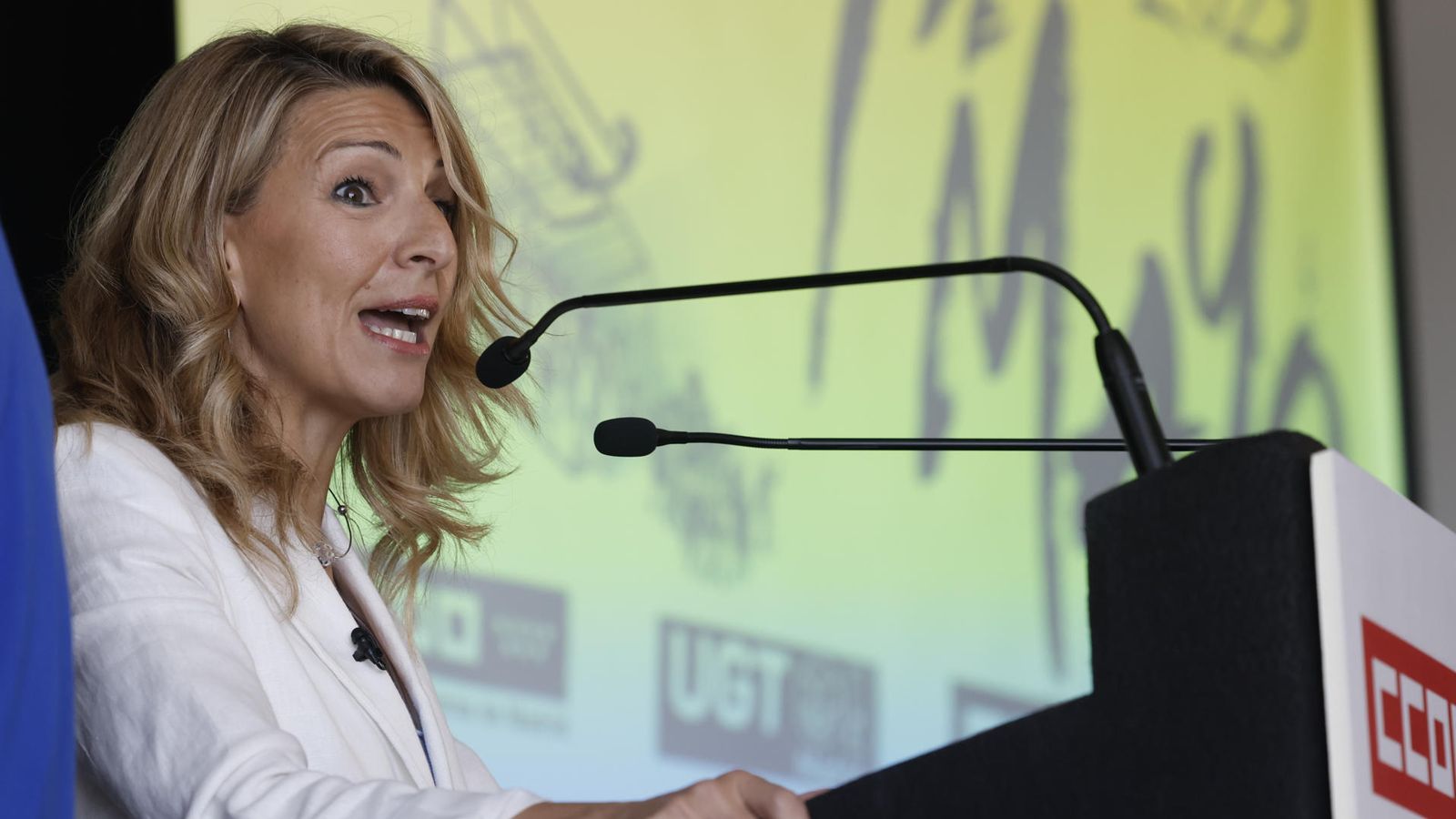 La vicepresidenta i ministra Yolanda Díaz, intervé aquest dilluns en la manifestació del Primer de Maig