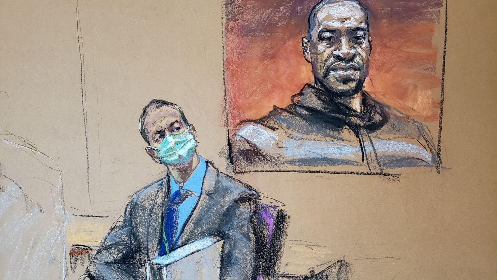 L'exoficial de policia Derek Chauvin se senta enfront d'una foto de George Floyd mostrada durant el judici per la mort de Floyd a Minneapolis, Minnesota