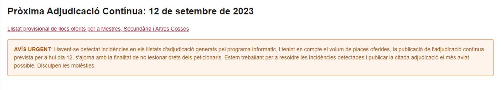 Missatge publicat al web d'Educació