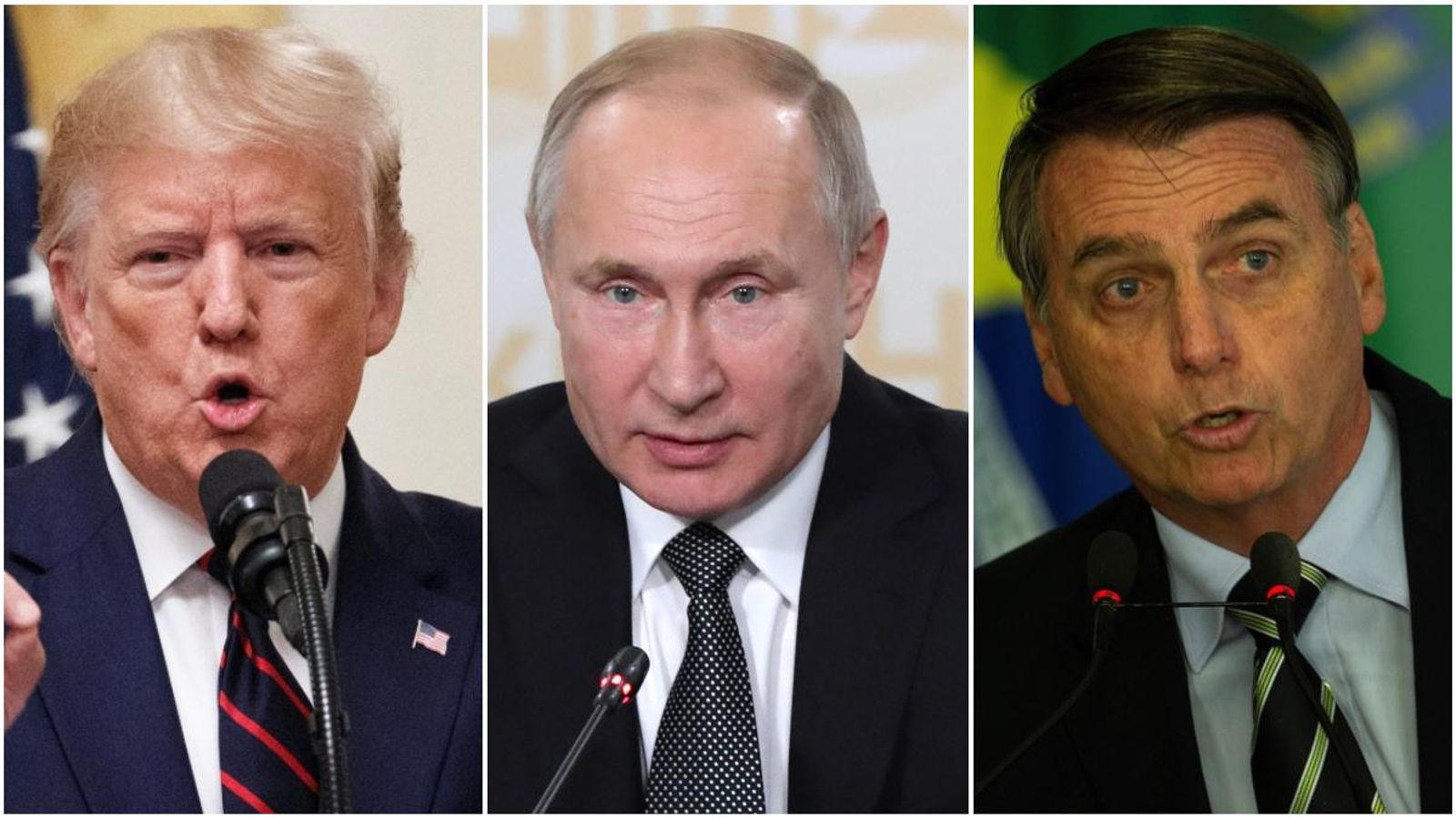 D'esquerra a dreta: Donald Trump, Vladímir Putin i Jair Bolsonaro, en imatge d'arxiu