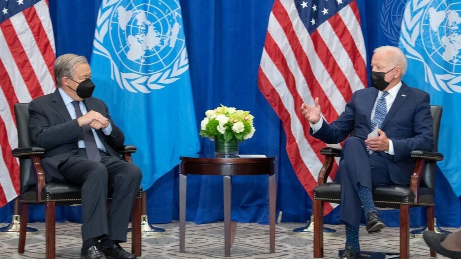 El secretari general de l'ONU, António Guterres, conversa amb el president dels Estats Units, Joe Biden, en la seu de l'organisme a Nova York