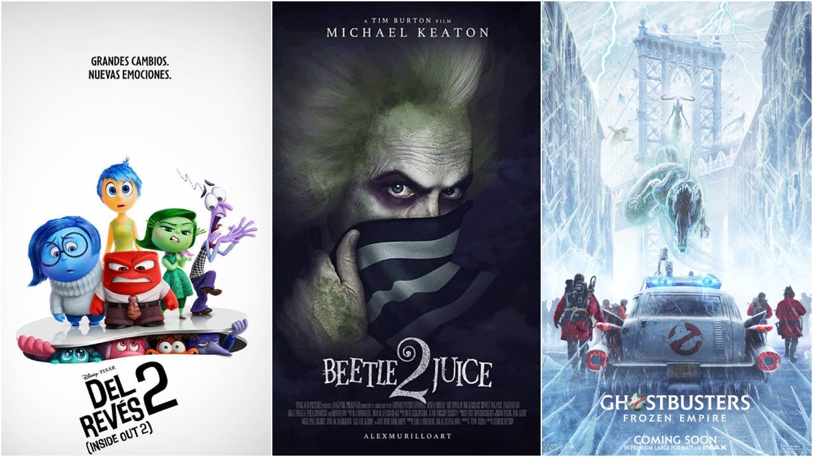 Portada promocional de les pel·lícules 'Del revés 2', Beetlejuice 2' i 'Ghostbusters: frozen empire'