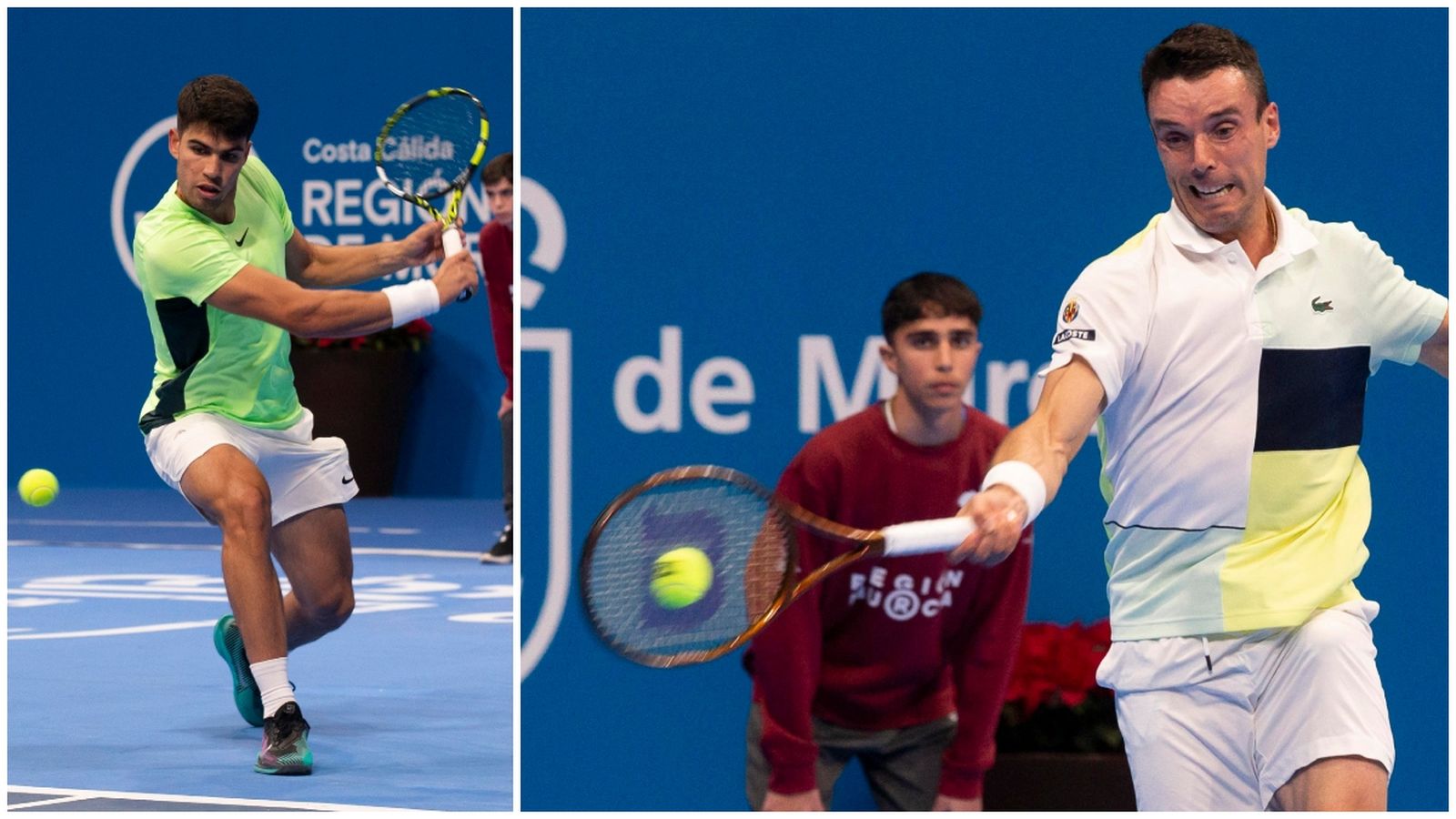 Carlos Alcaraz (esquerra) i Roberto Bautista (dreta), durant el partit d'aquest dijous