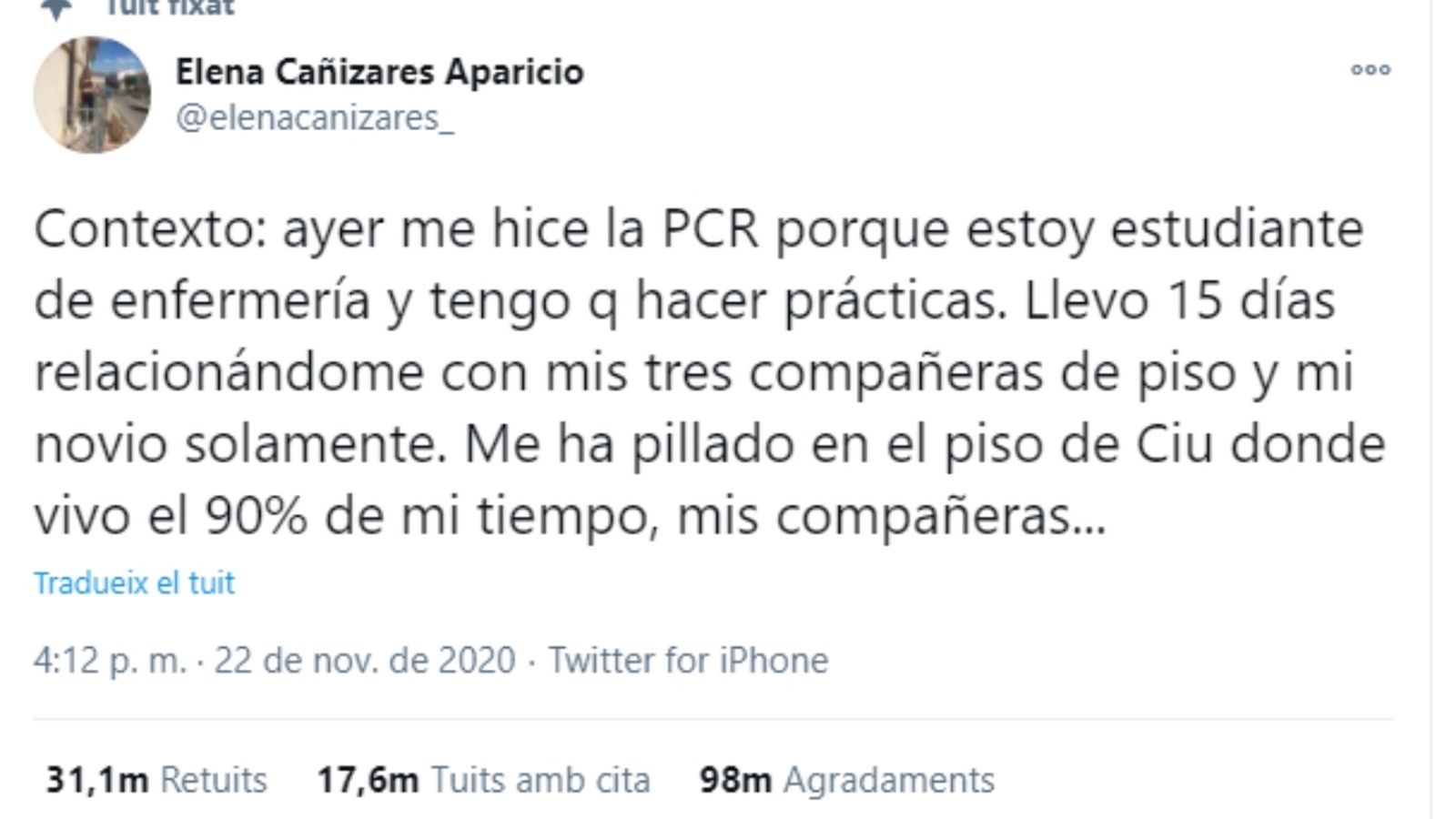 Una foto del tuit de denúncia d'Elena Cañizares