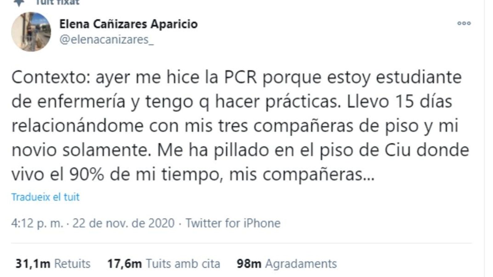 Una foto del tuit de denúncia d'Elena Cañizares