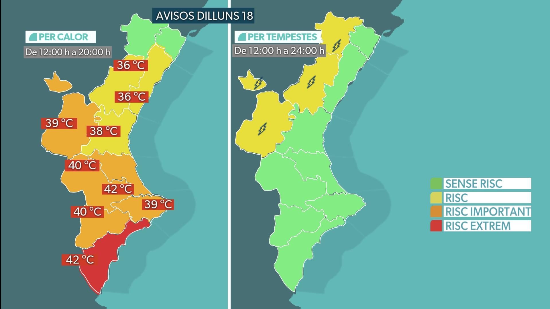 Mapa d'avisos per a este dilluns, 18 d'agost Mapa d'avisos per a este dilluns, 18 d'agost