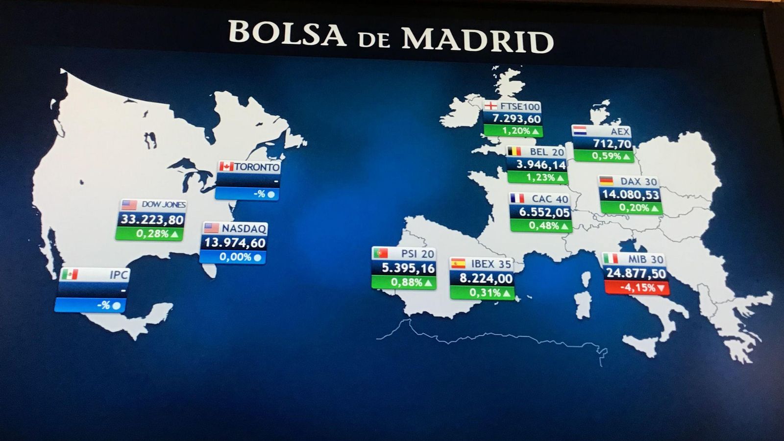 Pantalla amb els índexs borsaris internacionals en el parquet madrileny de la borsa aquest divendres