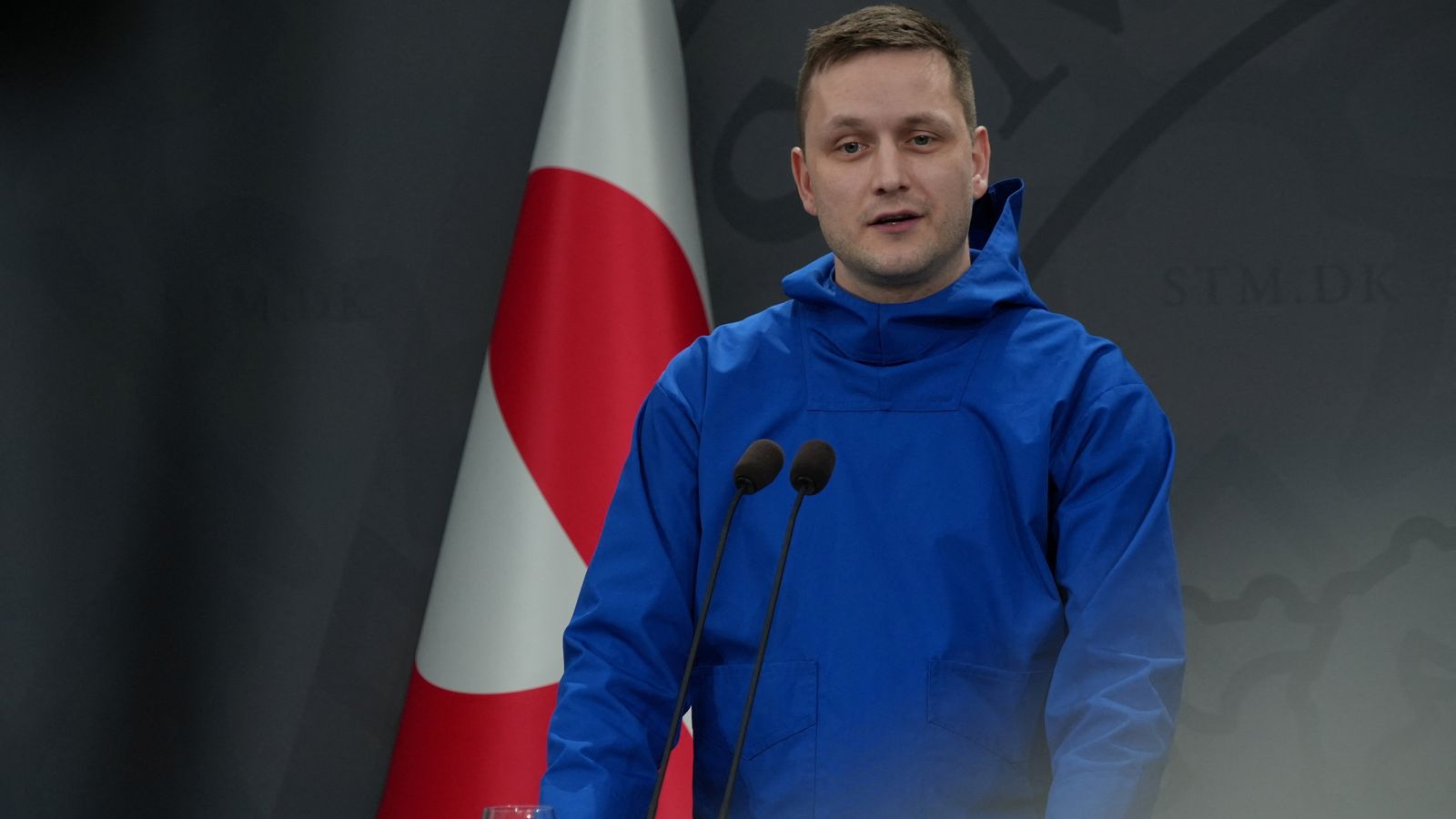 El president de Groenlàndia, Jens-Frederik Nielsen, durant la roda de premsa