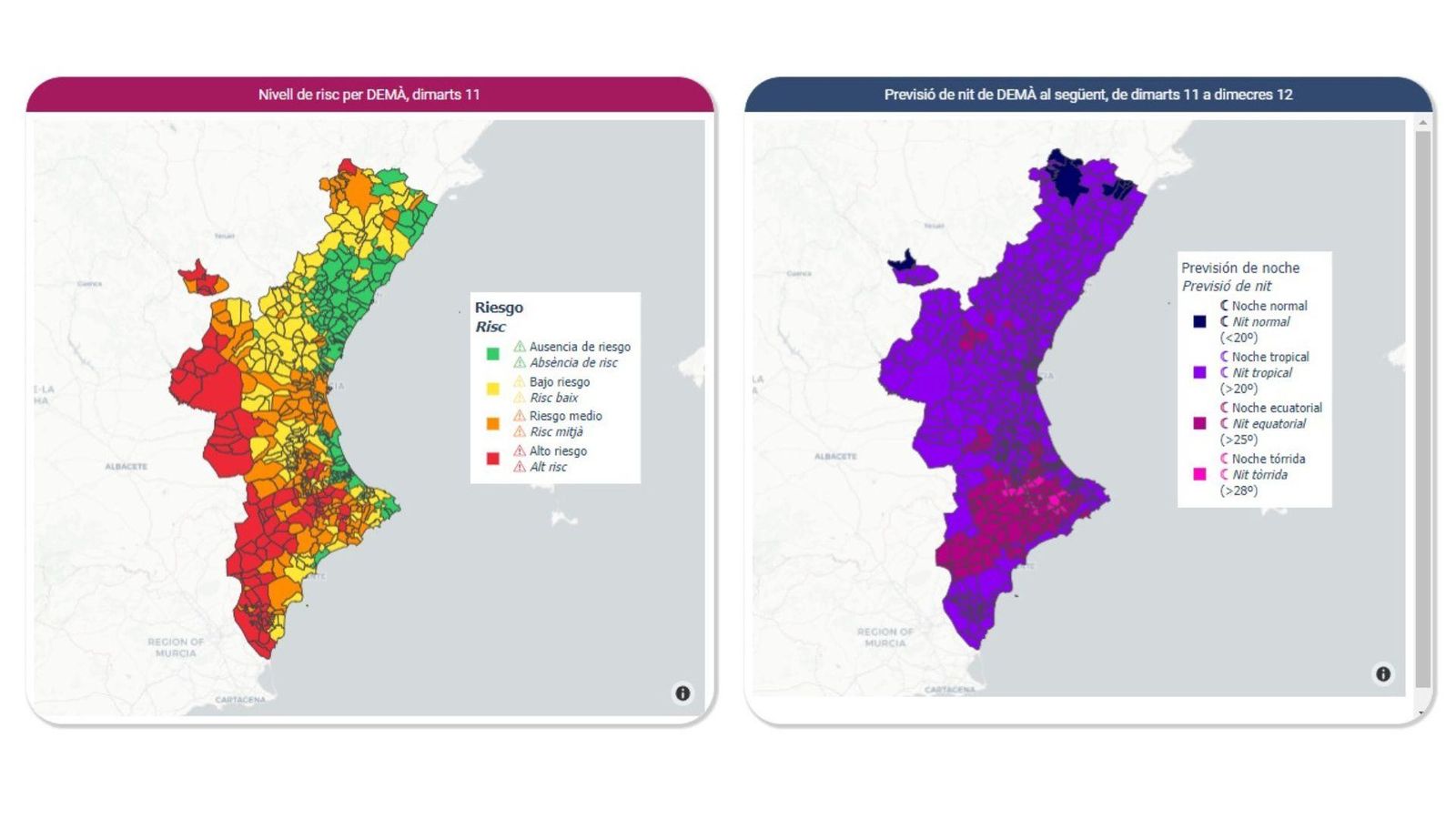 Previsió per a dimarts del sistema de vigilància de riscos sanitaris per calor de la conselleria de Sanitat Universal