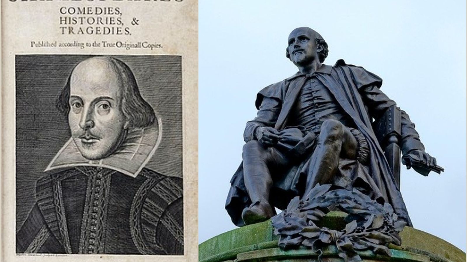 Portada del First Folio i estàtua de William Shakespeare a Stratford-upon-Avon