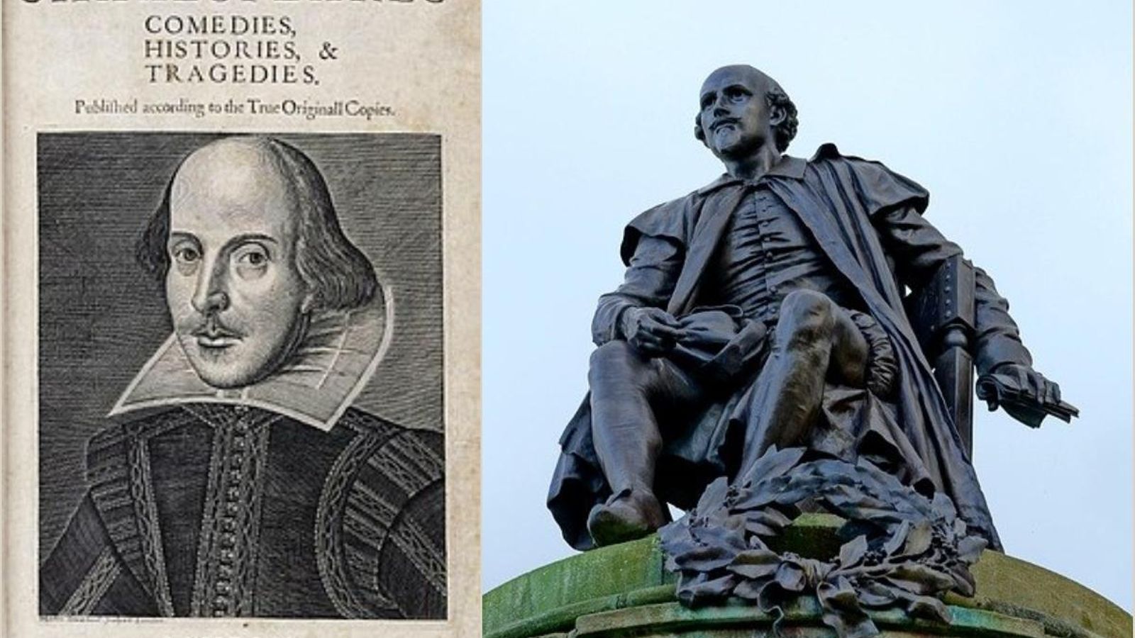 Portada del First Folio i estàtua de William Shakespeare a Stratford-upon-Avon