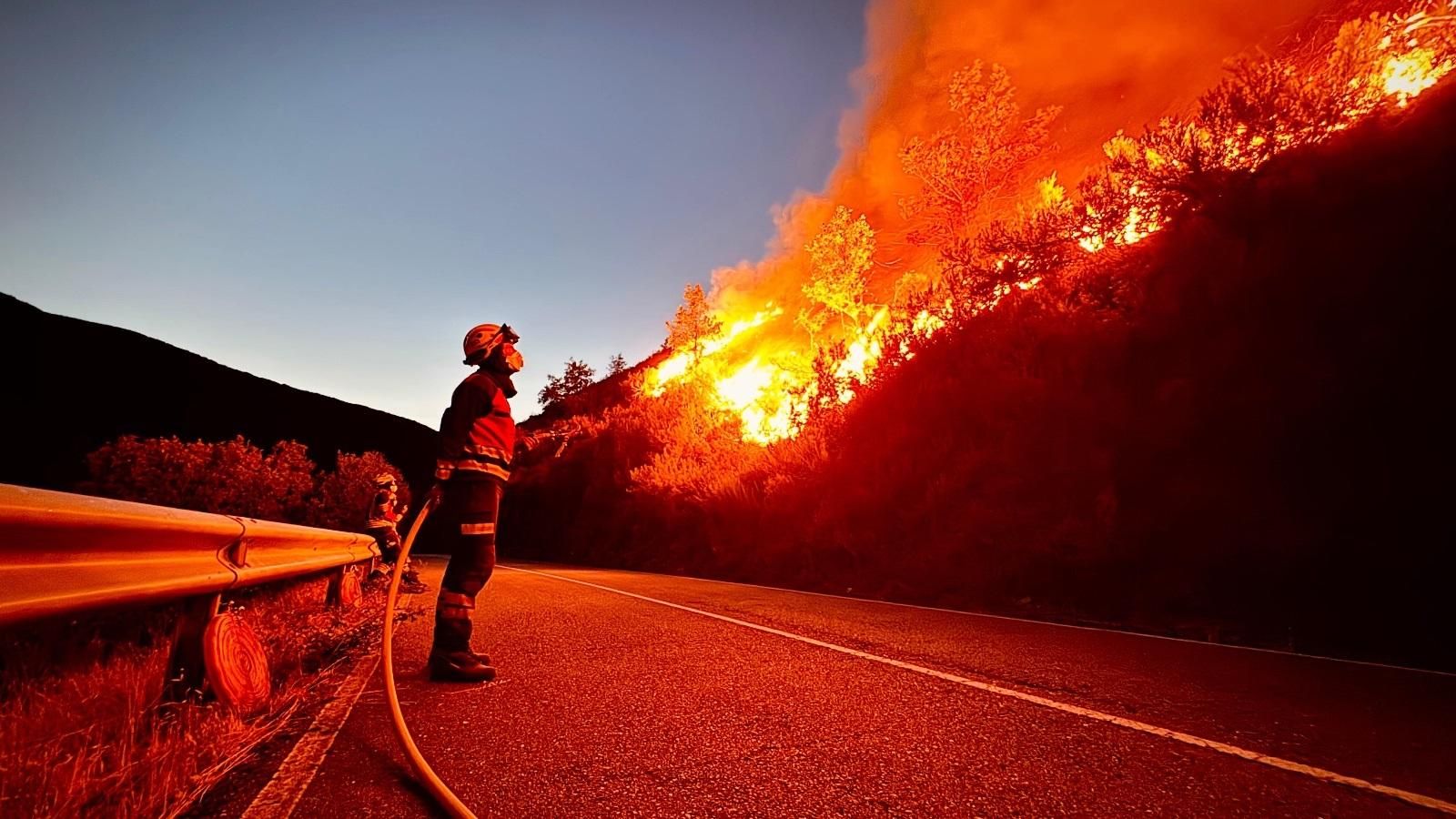 Un bomber de la Diputació d'Alacant, en l'incendi de Yeres a Lleó