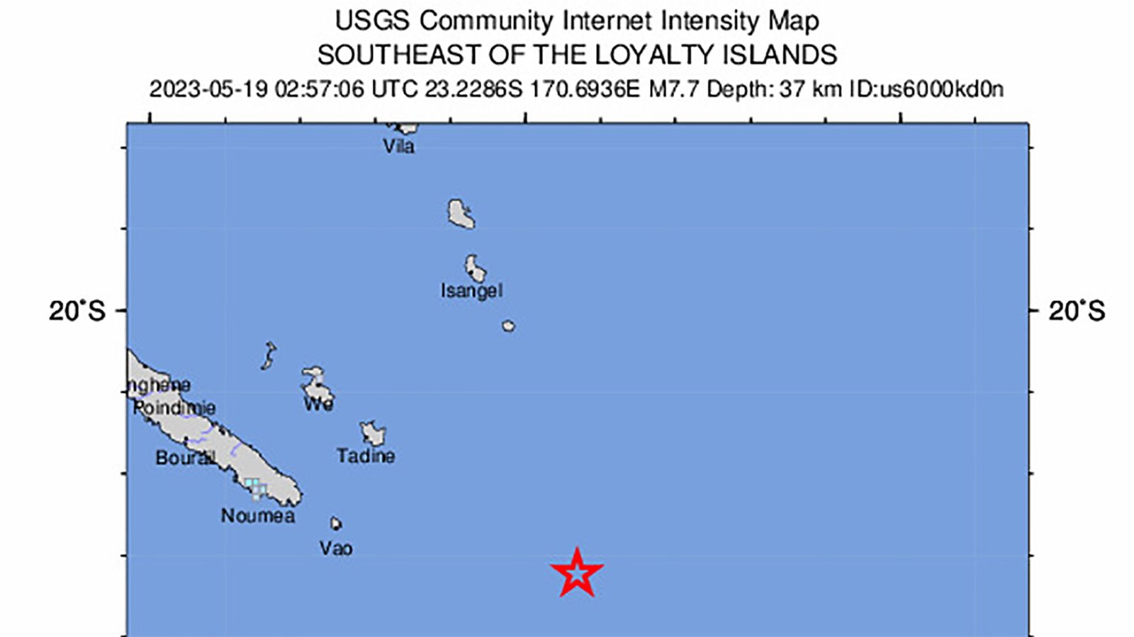Captura del Servei Geològic dels Estats Units marcant l'epicentre del sisme