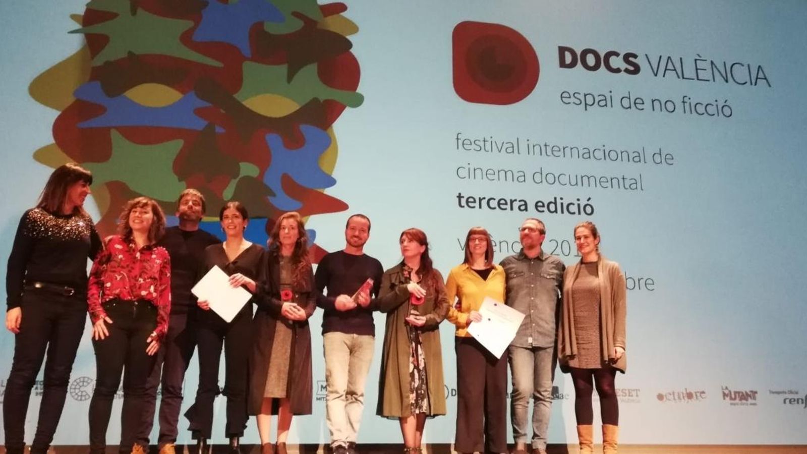 Les persones premiades, durant la gala de clausura de DocsValència 2019