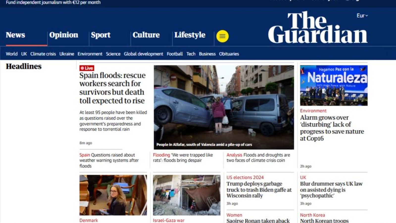 El diari 'The Guardian', en l'edició digital, treia les inundacions de la Comunitat Valenciana en portada este dijous al matí