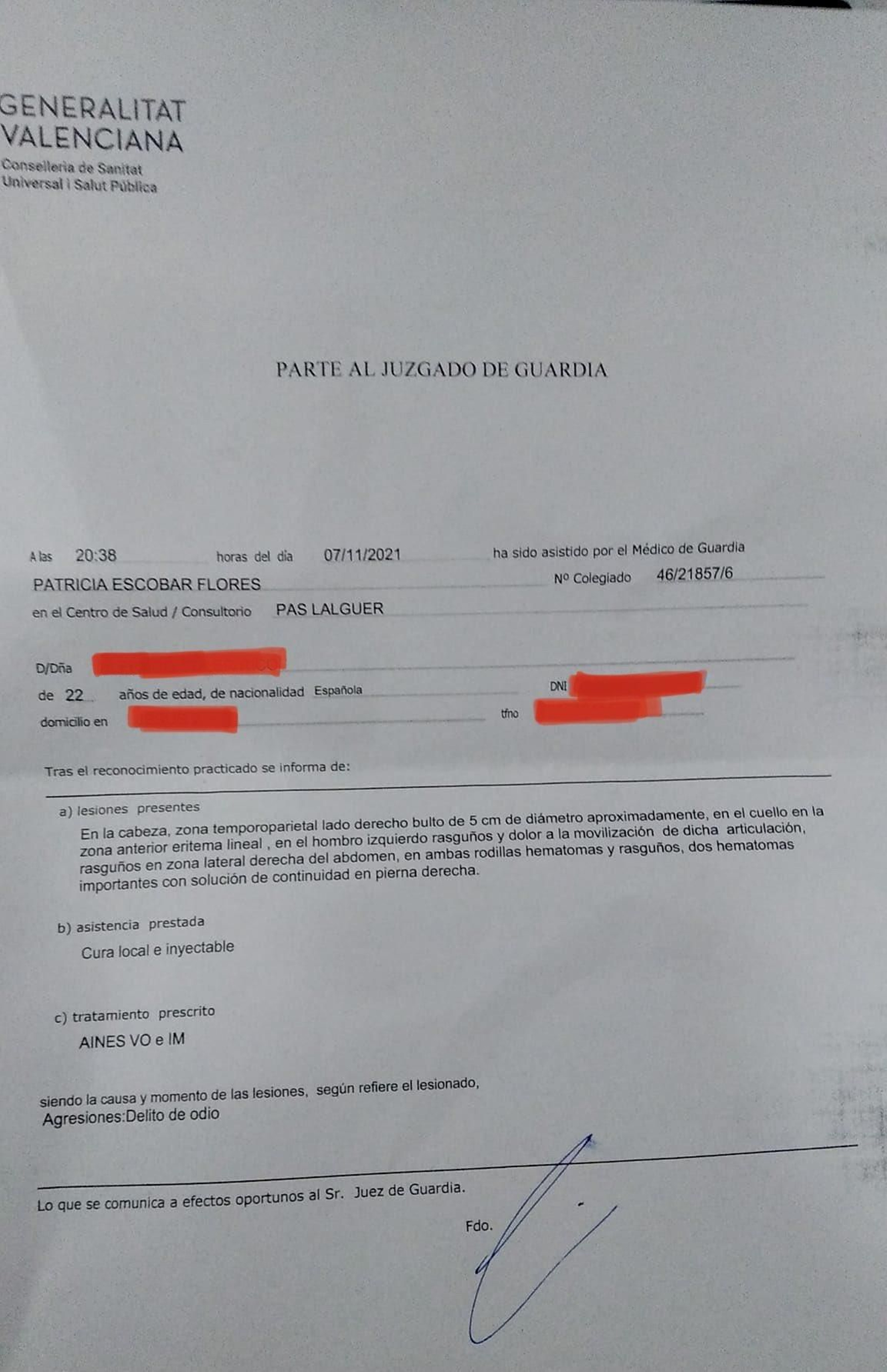 Detall de l'informe mèdic de lesions que va patir Alfred Soler