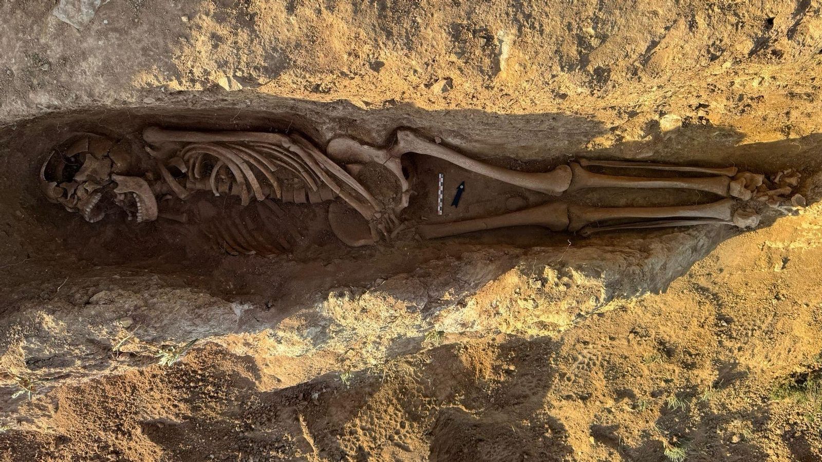 Un dels esquelets que ha sigut localitzat prop de la carretera i que els arqueòlegs atribueixen, inicialment, a un soterrament de l'Edat Mitjana