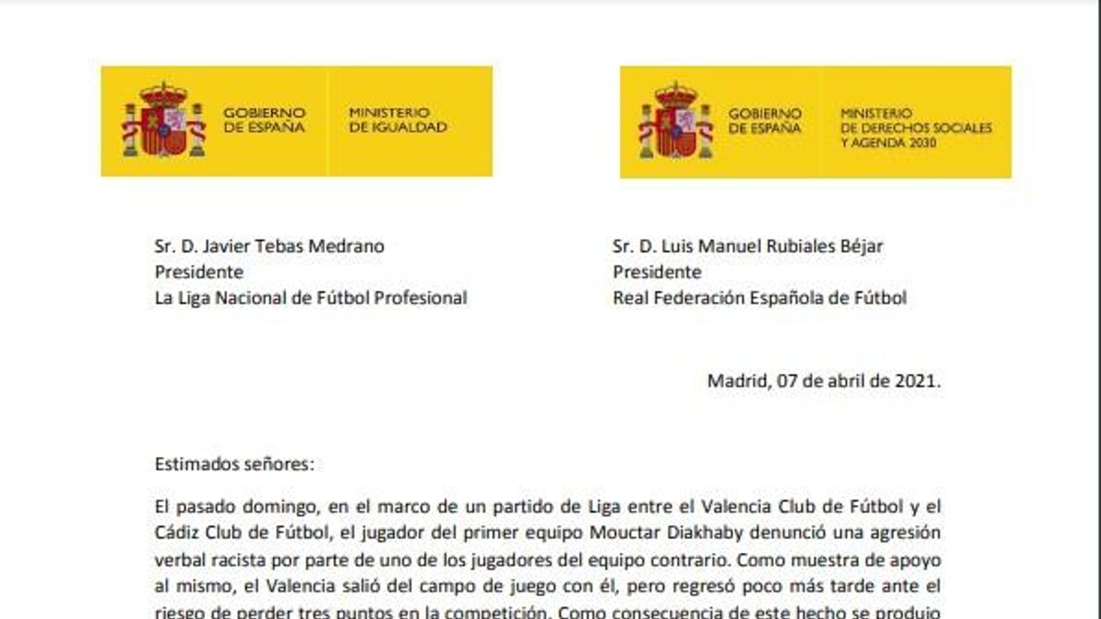 Imatge del comunicat del Ministeri d'Igualtat i de Drets Socials a la Federació i la Lliga