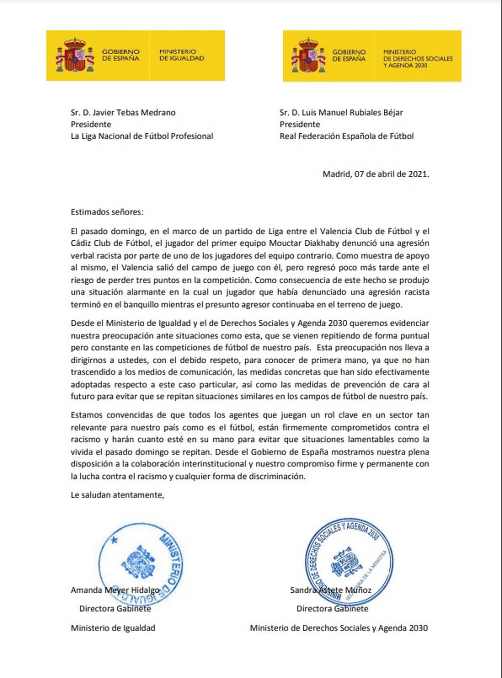 Imatge del comunicat del Ministeri d'Igualtat i de Drets Socials a la Federació i la Lliga