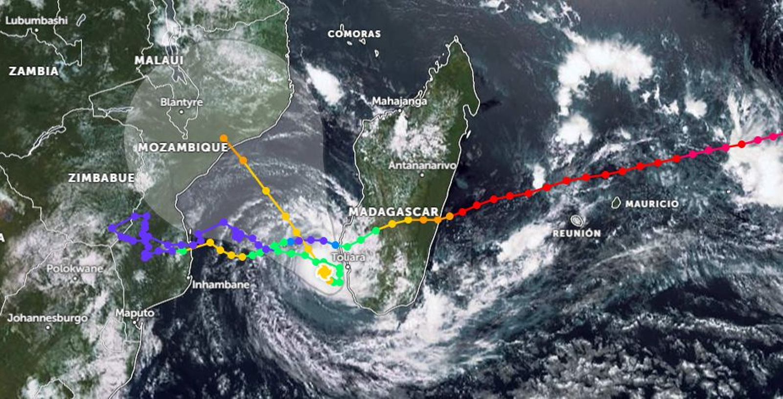Previsió del recorregut del Cicló Freddy - Zoom.earth