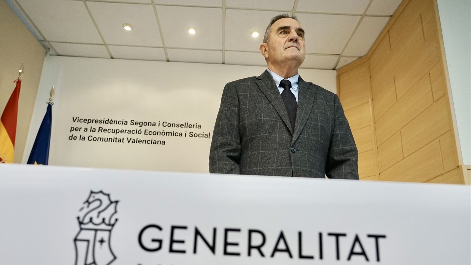 El vicepresident segon i conseller per a la Recuperació Econòmica i Social, Francisco José Gan Pampols, a la seua primera roda de premsa