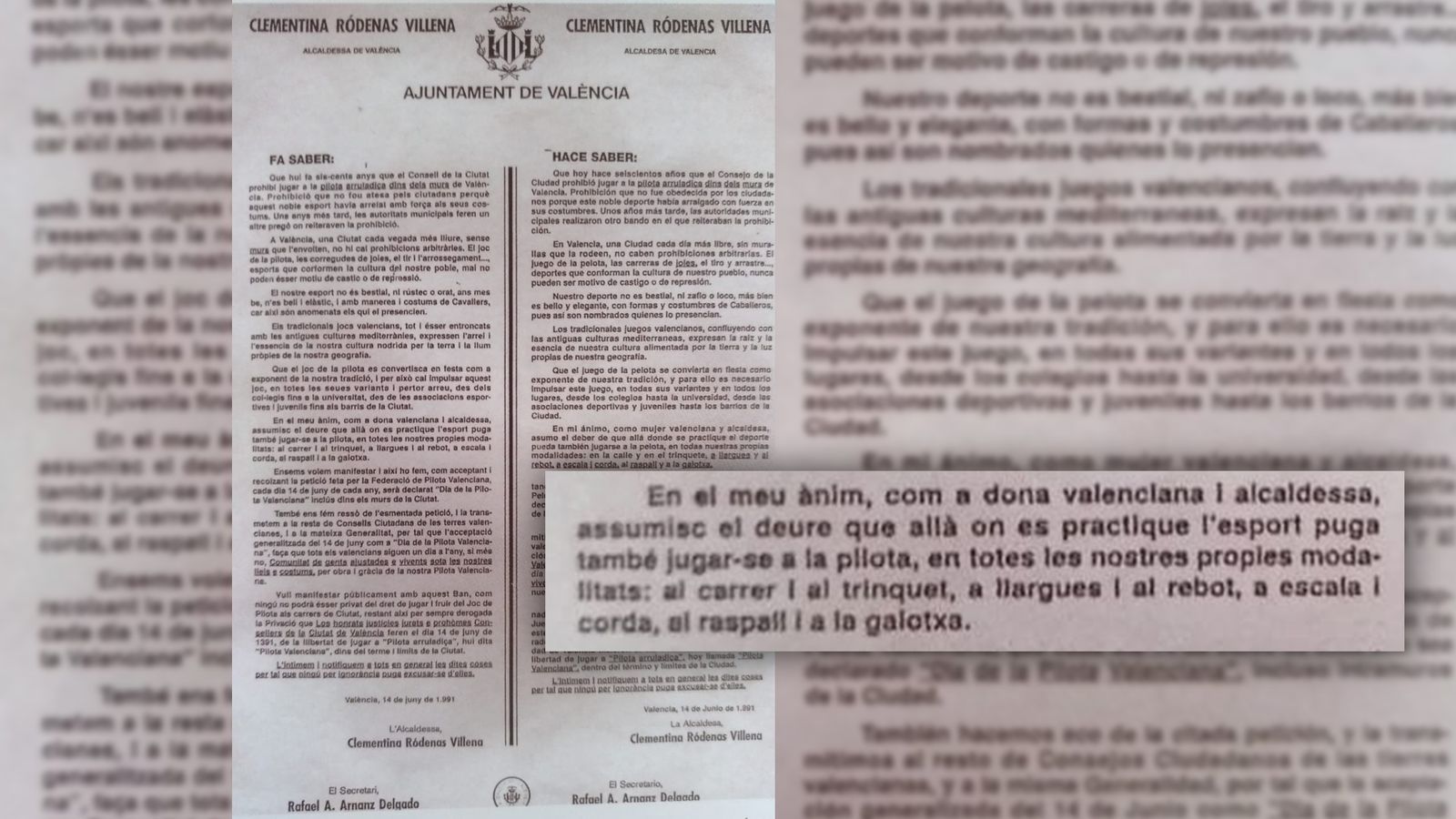 Bando del 14 de juny de 1991 que alçava la prohibició de jugar a pilota valenciana