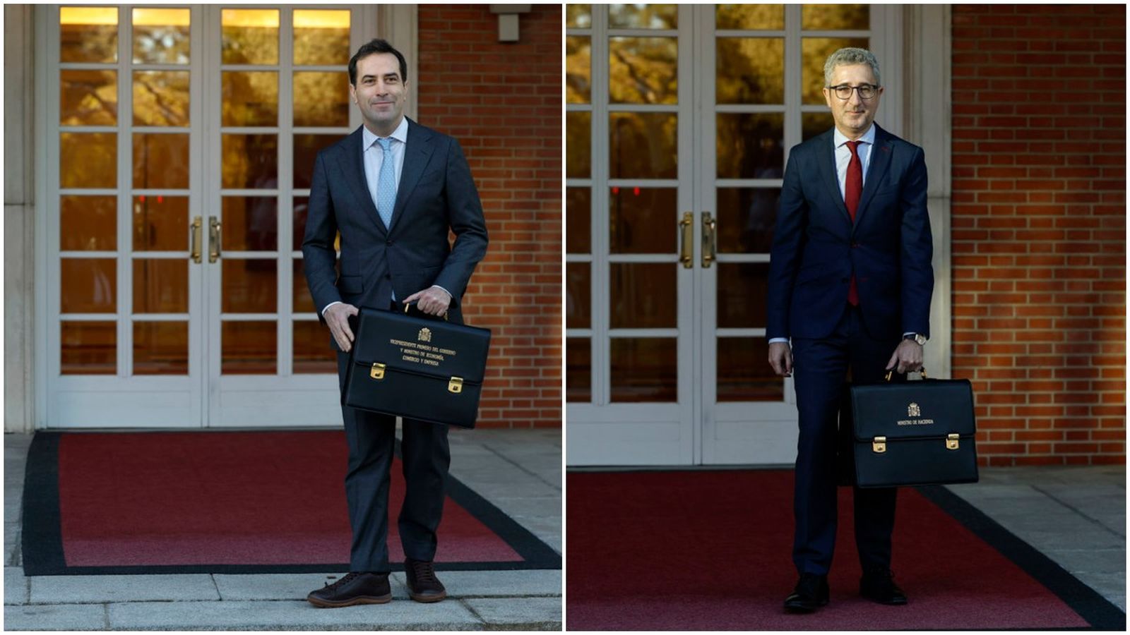 El vicepresident primer, Carlos Cuerpo, i el ministre d'Hisenda, Arcadi España, posen abans del primer consell de ministres amb les noves carteres