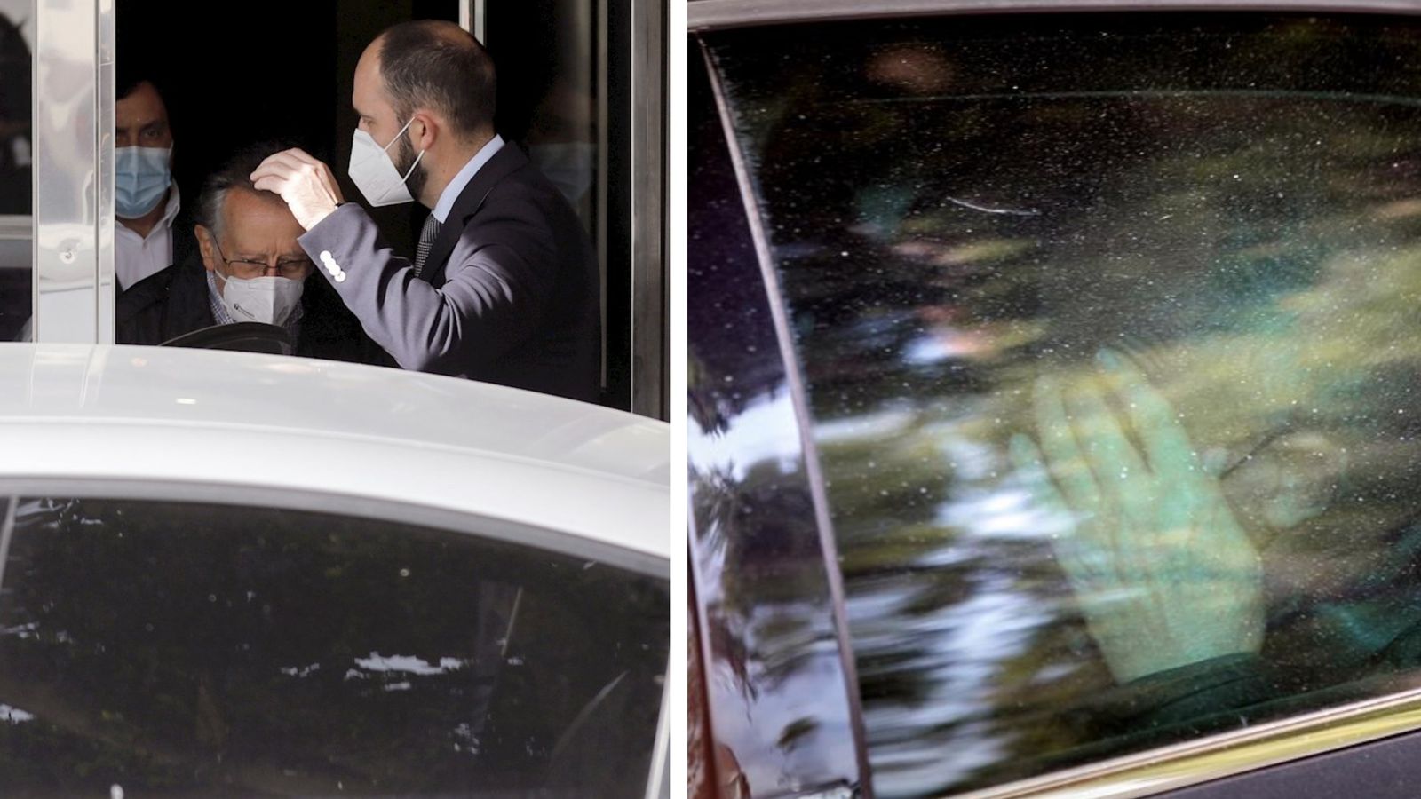 L'extinent d'alcalde de València Alfonso Grau (esquerra) ix detingut del seu domicili i el subdelegat del govern a València Rafael Rubio en l'interior del vehicle policial.