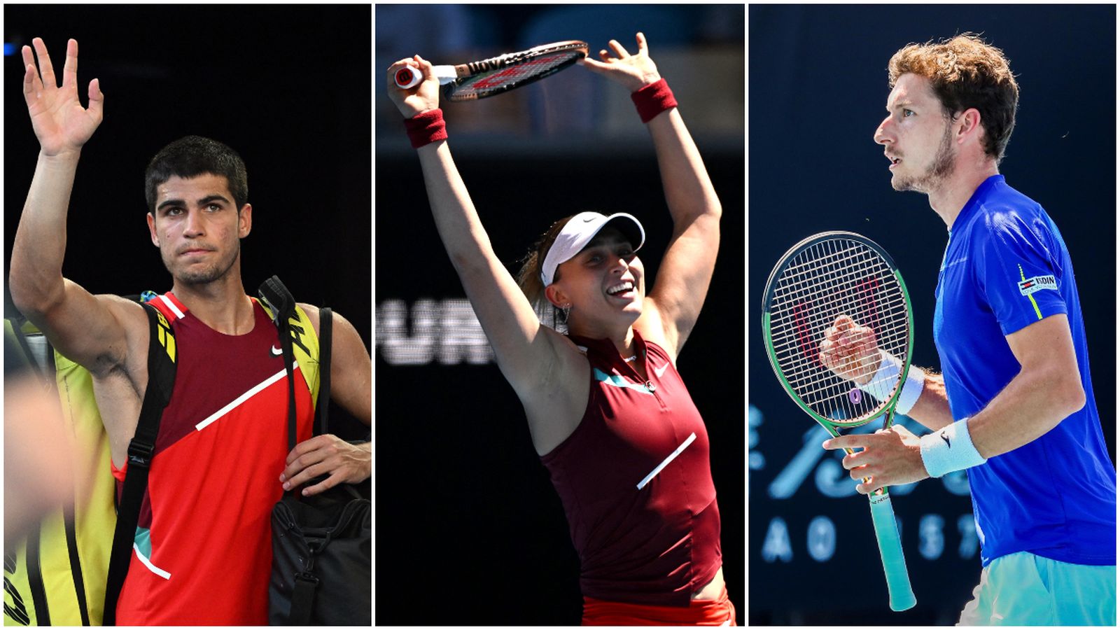 Carlos Alcaraz, Paula Badosa i Pablo Carreño, durant l'Obert d'Austràlia