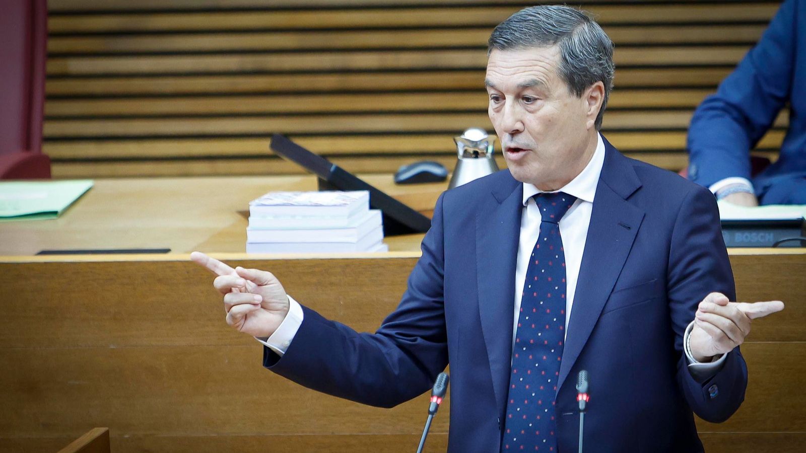 El conseller de Sanitat, Marciano Gómez, durant la seua intervenció des de la palestra de les Corts