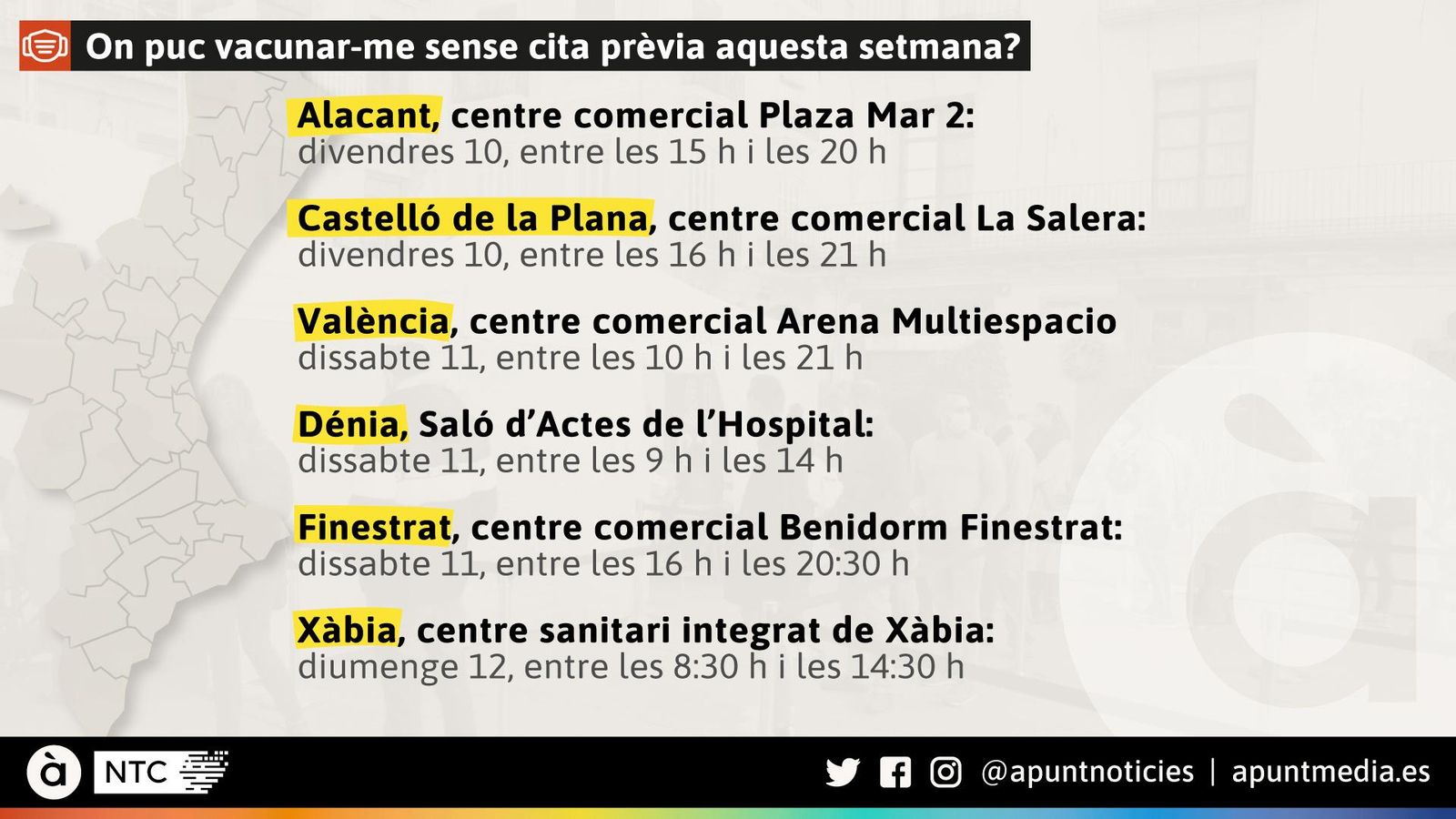 Punt de vacunació sense cita per a aquest cap de setmana On vacunar-se aquesta setmana sense cita prèvia